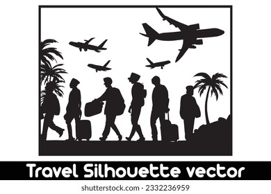 Travel silhouette vector with suitcases on white background, Vacation silhouette, Travel concept silhouette.