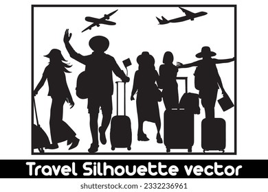 Vector de silueta de viaje con maletas sobre fondo blanco, silueta de vacaciones, silueta de concepto de viaje.