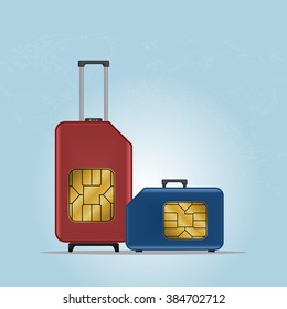 Travel SIM vector illustration on blue radial gradient background. Roaming. Luggage.