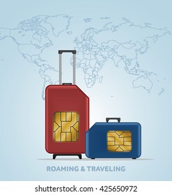 Travel SIM vector illustration on blue radial gradient background. Roaming. Luggage. World map.