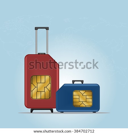 Travel SIM vector illustration on blue radial gradient background. Roaming. Luggage.