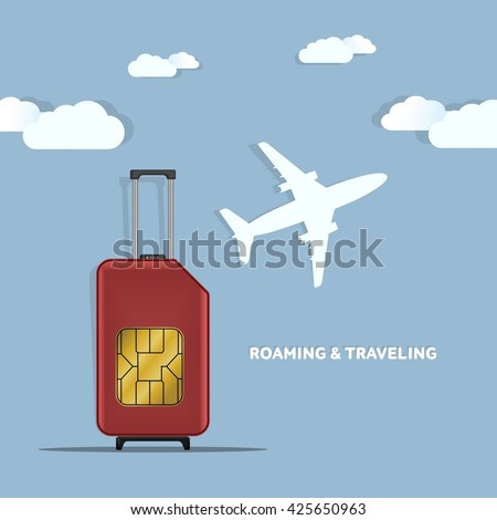 Travel SIM vector illustration on blue background with clouds and plane. Roaming. Luggage.