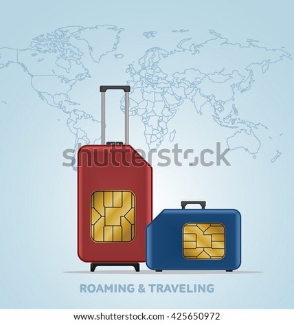 Travel SIM vector illustration on blue radial gradient background. Roaming. Luggage. World map.