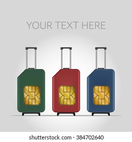 Ilustración vectorial de tarjetas SIM de viaje. Caminando. Equipaje.
