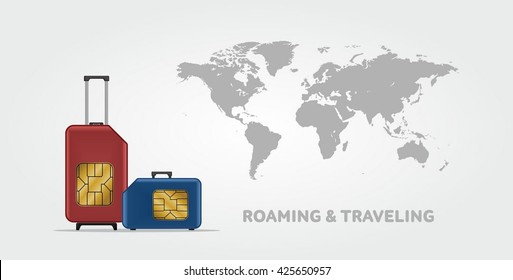 Travel SIM vector illustration with the world map on background. Roaming. Luggage. 