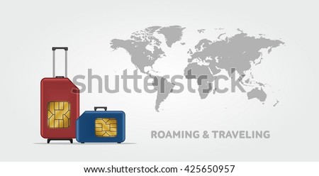 Travel SIM vector illustration with the world map on background. Roaming. Luggage. 