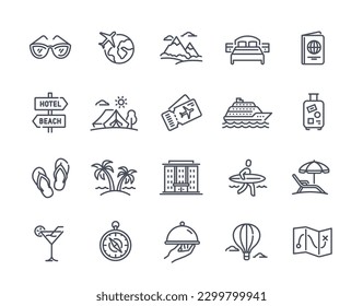 Travel simple icons set. Black outline elements for tourism and beach recreation. Stickers with map, palm, luggage in doodle style. Linear flat vector collection isolated on white background