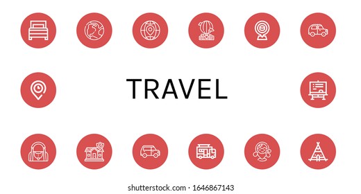 Travel Simple Icons Set. Contains Such Icons As Bed, Earth, Globe, Hot Air Balloon, Placeholder, Car, Gym Bag, Insurance, Caravan, Beach, Can Be Used For Web, Mobile And Logo
