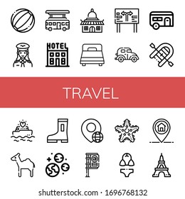 travel simple icons set. Contains such icons as Beach ball, Pilot, Bus, Hotel, Temple, Bed, Road sign, Car, Caravan, Inflatable boat, Yatch, can be used for web, mobile and logo