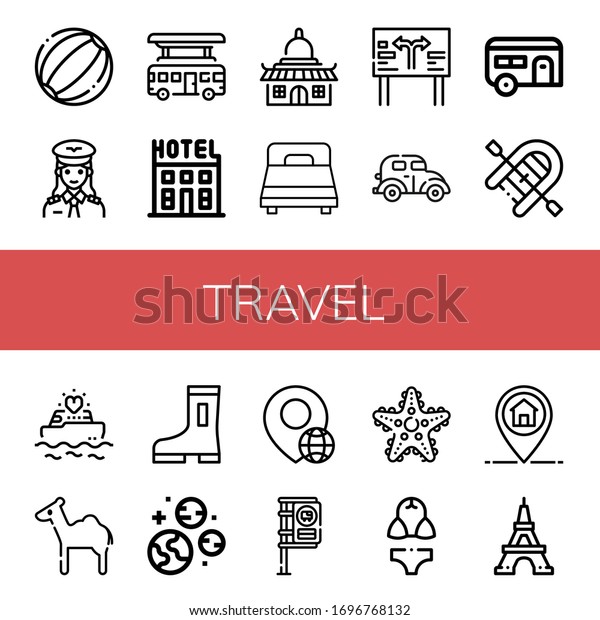 travel simple\
icons set. Contains such icons as Beach ball, Pilot, Bus, Hotel,\
Temple, Bed, Road sign, Car, Caravan, Inflatable boat, Yatch, can\
be used for web, mobile and\
logo