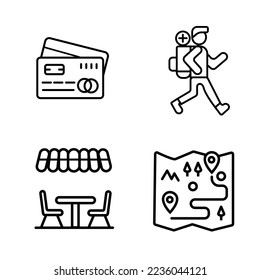 Viaje simple juego de iconos de línea vectorial que contienen iconos tarjeta de crédito excursionismo restaurante mapa de viajes etc, adecuado para cualquier propósito. Diseño web, aplicación móvil.