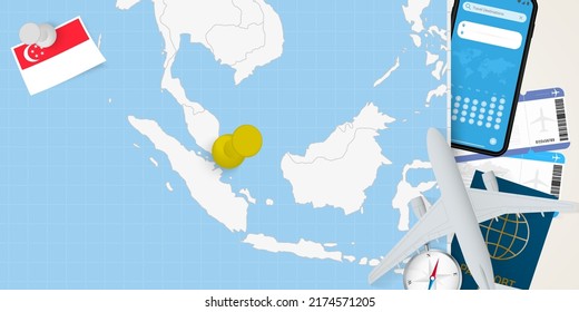 Travel to Singapore concept, map with pin on map of Singapore. Vacation preparation map, flag, passport and tickets. Vector illustration in flat design.