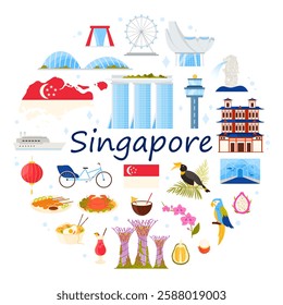 Travel to Singapore, culture elements and city buildings, landmarks and food in round infographic banner with title. Tourism emblems and famous guide places in circle cartoon vector illustration