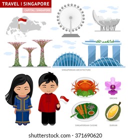 Travel to Singapore. Set of traditional cultural symbols. A collection of colorful illustrations for the guidebook.Singaporeans peoples in national dress. Man and woman. Singapore attractions.