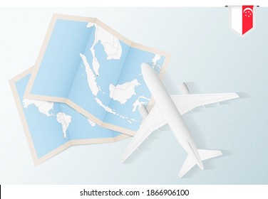 Travel to Singapore, top view airplane with map and flag of Singapore. Travel and tourism banner design.