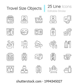 Travel size objects linear icons set. Portable stuff for flight passenger. Essential things for tourist. Customizable thin line contour symbols. Isolated vector outline illustrations. Editable stroke