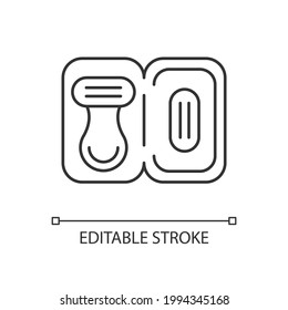 Travel size razor linear icon. Shaving tools for trip. Portable hygienic amenities. Thin line customizable illustration. Contour symbol. Vector isolated outline drawing. Editable stroke