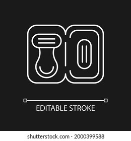 Travel size razor white linear icon for dark theme. Shaving tools for trip. Hygienic amenities. Thin line customizable illustration. Isolated vector contour symbol for night mode. Editable stroke