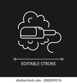 Travel size steam iron white linear icon for dark theme. Compact appliance. Portable device. Thin line customizable illustration. Isolated vector contour symbol for night mode. Editable stroke