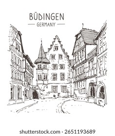 Esboço de viagem de Büdingen, Alemanha. Edifício histórico, casas medievais antigas linham arte. Desenho à mão livre. Cartão postal desenhado à mão. Esboço urbano em cor preta isolado no fundo branco, caneta de tinta. Vetor