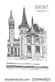Travel sketch of Ghent, Belgium. Historical building line art. Freehand drawing. Hand drawn travel postcard. Hand drawing of Ghent. Urban sketch in black color isolated on white background. Vector.