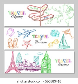 Travel sketch horizontal banners with popular tourist directions elements and famous buildings vector illustration