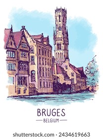 Travel sketch, illustation, landscape colorful of water canal and houses in Bruges, Belgium. Historical building line art. Freehand drawing. Hand drawn postcard, banner, poster. Digital Drawing. 