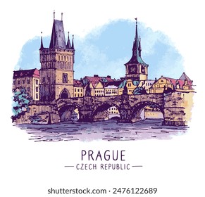 Travel sketch, illustation, landscape colorful of Prague, Czech Republic, Europe. Freehand digital drawing of the old town, with a pen on paper, watercolor texture. Hand drawn travel postcard, banner