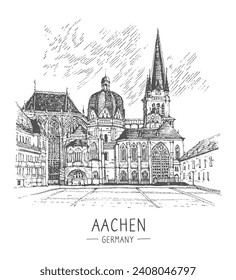 Travel sketch illustration of Aachen Cathedral, Germany. One of the oldest cathedrals in Europe, old town. Line art drawing, ink pen on paper. Hand drawn. Urban sketch, black color on white background svg
