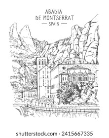 Travel sketch illustration of Abbey of Montserrat, Barcelona, Spain. Line art drawing with an ink pen on paper. Freehand drawn postcard. Urban sketch in black color isolated on white background. 