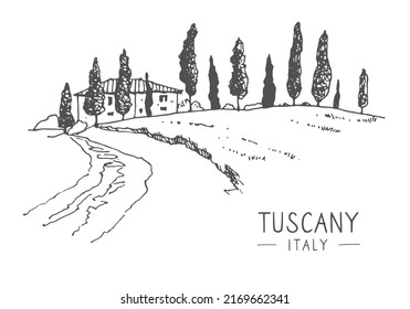 Travel sketch illustration of villa in Tuscany, Italy, Europe. Sketchy line art drawing with a pen on paper. Sketch in black color isolated on white background. Freehand drawing.