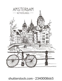 Travel sketch. Liner sketches homes of Amsterdam, Holland, hand drawing sketch, graphic illustration. Hand drawn travel postcard. Urban sketch in black color isolated on white background. Vector.