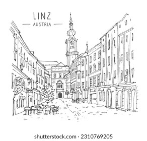 Travel sketch of linz, Austria. Historical building line art. Freehand drawing. Hand drawn travel postcard. Hand drawing of Linz. Urban sketch in black color isolated on white background.