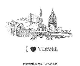 Travel sketch poster with famous buildings and sights of world tourism isolated vector illustration