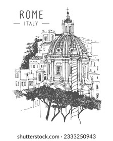 Travel sketch of Rome. Liner sketches architecture of Italy Rome. Graphic illustration. Sketch in black color isolated on white background. Hand drawn travel postcard. Freehand drawing. Vector.