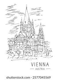 Travel sketch of St. Francis of Assisi Church, Vienna, Austria. Historical building line art. Freehand drawing. Hand drawn travel postcard. Urban sketch in black color isolated on white background.