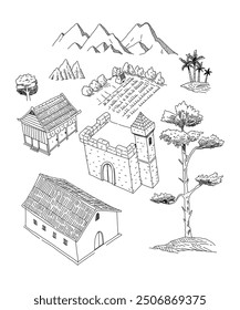 travel sketch, village, map, illustration, free hand