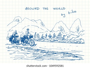 Travel sketchbook, Long distance cycling couple riding on background of karst mountain landscape, Adventure and vacations concept, Blue pen sketch, Hand drawn vector illustration
