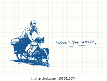 Travel sketchbook, Long distance cyclist travel around the world by bicycle, Blue pen sketch, Hand drawn vector illustration