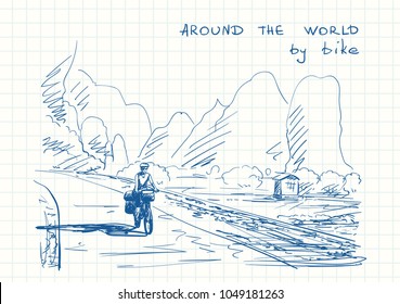 Travel sketchbook, Long distance female cyclist travel around the world by bicycle on backgroung of karst mountain landscape, Blue pen sketch, Hand drawn vector illustration