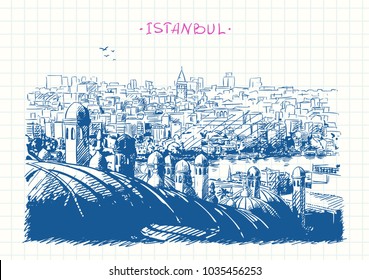 Travel sketchbook,Istanbul view through domes and chimneys of Suleymaniye Complex, Blue pen sketch on square grid notebook page, Hand drawn vector illustration of famous turkish landmark
