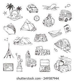 Travel, sketches of icons vector set