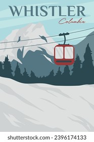 travel ski with cable car in whistler poster vintage vector illustration design. national park in columbia vintage poster