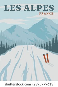 travel ski in les alpes poster vintage vector illustration design. national park in france vintage poster