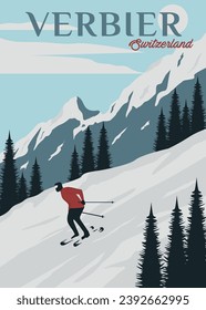 travel ski in verbier poster vintage vector illustration design. national park in switzerland vintage poster