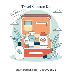 Travel Skincare Kit concept. Personal care essentials for on-the-go grooming and hygiene, packed in a compact case for easy transport. Vector illustration.