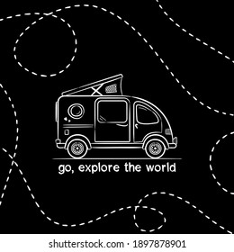 Travel slogan in chalk style. Lettering of the phrase - Go, explore the world. Vector card with hand drawn minivan and routes. Illustration for design, posters and stickers.