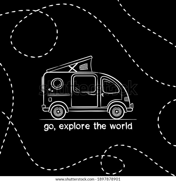 Travel slogan in chalk\
style. Lettering of the phrase - Go, explore the world. Vector card\
with hand drawn minivan and routes. Illustration for design,\
posters and stickers.