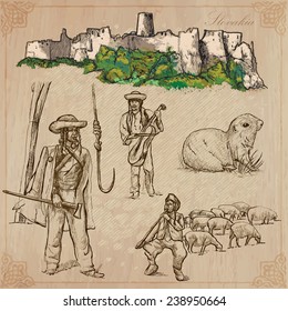 Travel: SLOVAKIA (set no.1) - Collection of an hand drawn vector illustrations. Each drawing comprise three layers of lines, the colored background is isolated. Easy editable in layers and groups.