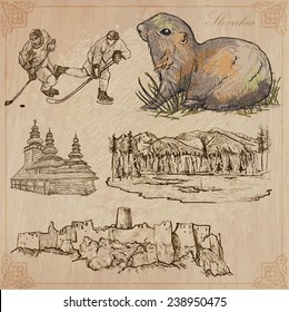 Travel: SLOVAKIA (set no.2) - Collection of an hand drawn vector illustrations. Each drawing comprise three layers of lines, the colored background is isolated. Easy editable in layers and groups.